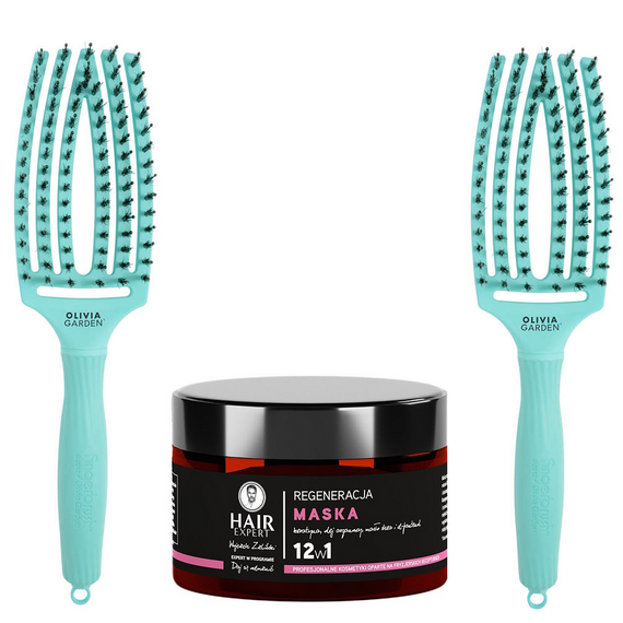 Zestaw 2 szczotek Olivia Garden FingerBrush Combo Medium Mint do rozczesywania włosów + maska Hair Expert 12w1 regeneracja do włosów 230 ml