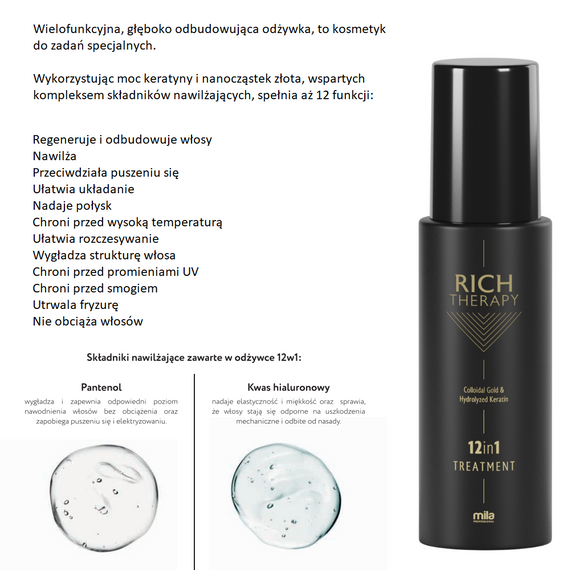 Odżywka Mila Pro Rich Therapy 12 w 1 intensywnie odbudowująca z keratyną i cząstkami złota 150 ml