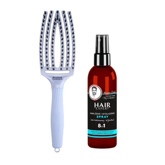 Szczotka Olivia Garden FingerBrush Arctic Lights Polarny Błękit + Spray Hair Expert nawilżenie i wygładzenie 8w1 do włosów 140 ml