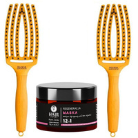 Zestaw 2 szczotek Olivia Garden FingerBrush Combo Medium Yellow Sunshine do rozczesywania włosów + maska Hair Expert 12w1 regeneracja do włosów 230 ml 