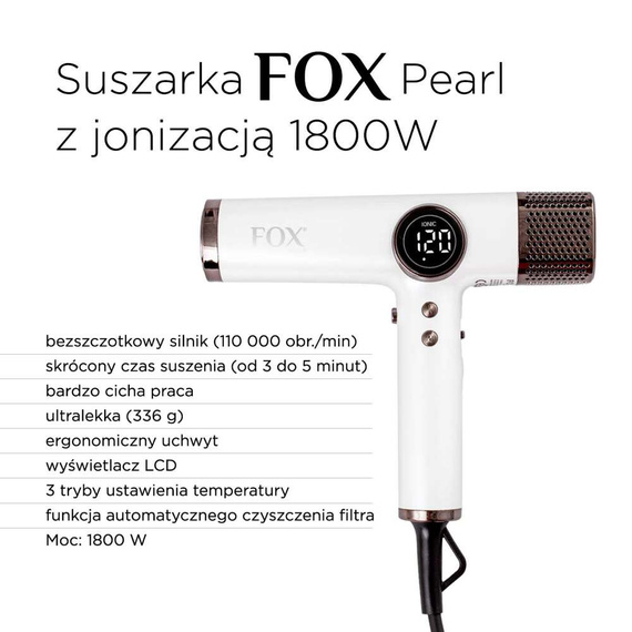 Suszarka FOX Pearl z jonizacją do włosów biała 1800 W z dyszami lokującymi + spray Hair Expert 8w1 regeneracja 140 ml GRATIS