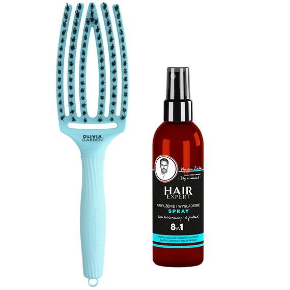 Szczotka Olivia Garden FingerBrush Medium Blue Sky + Spray  Hair Expert nawilżenie i wygładzenie 8w1 do włosów 140 ml