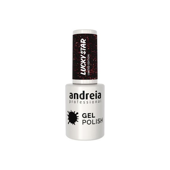 Lakier hybrydowy Andreia Professional Gel Polish Lucky Star LS6 czerń z ognistą, czerwoną drobinką 10,5 ml