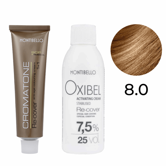 Zestaw Montibello Re-Cover Farba 8.0 jasny blond + woda 25 Vol. 7,5% 60 ml