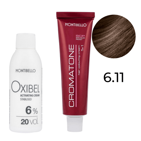 Zestaw Montibello Cromatone farba 6.11 intensywny popielaty ciemny blond 60 ml + woda Oxibel 20 VOL 6% 60 ml