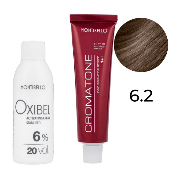 Zestaw Montibello Cromatone farba 6.2 perłowy ciemny blond 60 ml + woda Oxibel 20 VOL 6% 60 ml