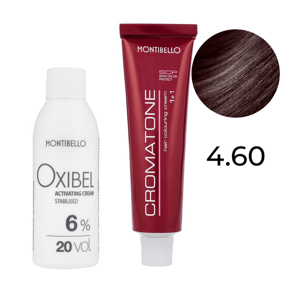 Zestaw Montibello Cromatone farba 4.60 naturalny kasztanowy brąz 60 ml + woda Oxibel 20 VOL 6% 60 ml