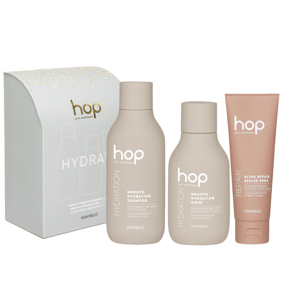 Zestaw świąteczny Montibello Hop Hydrate szampon 300 ml + odżywka 200 ml + krem odbudowujący do końcówek 75 ml