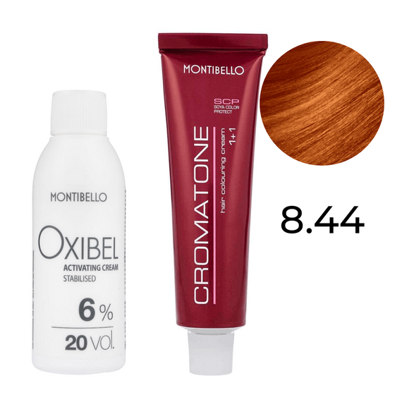 Zestaw Montibello Cromatone farba 8.44 intensywnie miedziany jasny blond 60 ml + woda Oxibel 20 VOL 6% 60 ml