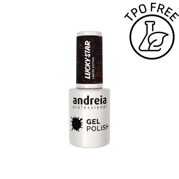 Lakier hybrydowy Andreia Professional Gel Polish Lucky Star LS6 czerń z ognistą, czerwoną drobinką 10,5 ml