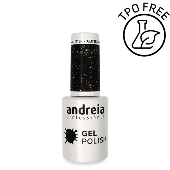 Lakier hybrydowy Andreia Professional Gel Polish 244 czerń z różnokolorowym brokatem 10,5 ml