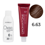 Zestaw Montibello Cromatone farba 6.63 złoto-kasztanowy ciemny blond 60 ml + woda Oxibel 20 VOL 6% 60 ml