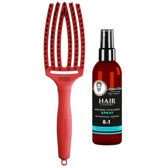 Szczotka Olivia Garden FingerBrush I'm Perfection Red Confidence Combo M + Spray Hair Expert nawilżenie i wygładzenie 8w1 do włosów 140 ml