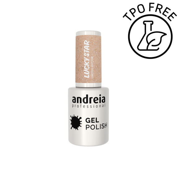 Lakier hybrydowy Andreia Professional Gel Polish Lucky Star LS3 jasny odcień nude ze złotą i srebrną drobinką 10,5 ml