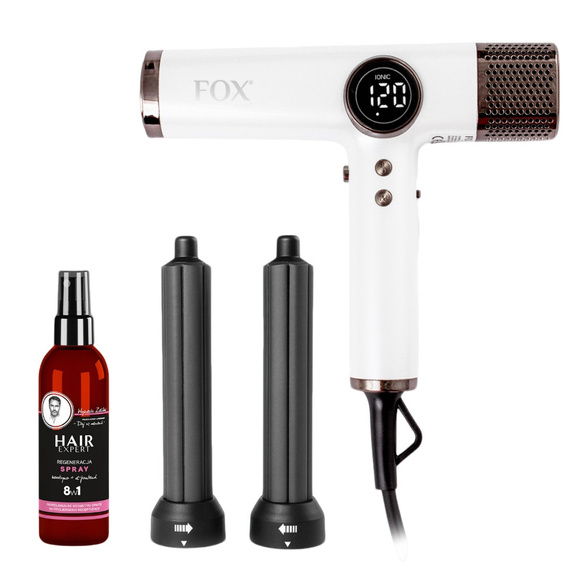 Suszarka FOX Pearl z jonizacją do włosów biała 1800 W z dyszami lokującymi + spray Hair Expert 8w1 regeneracja 140 ml GRATIS