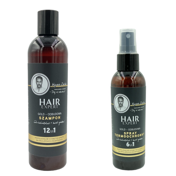 Zestaw Hair Expert Gold Odbudowa szampon 280 ml + spray termoochronny 140 ml