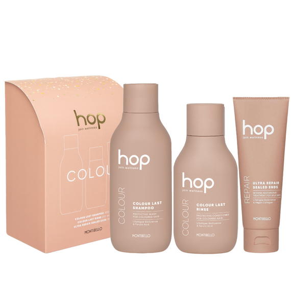 Zestaw świąteczny Montibello Hop Colour szampon 300 ml + odżywka 200 ml + krem odbudowujący do końcówek 75 ml