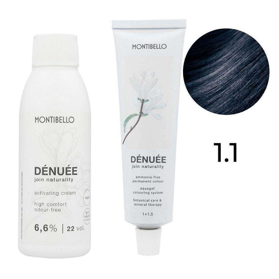 Zestaw Montibello Denuee farba 1.1 niebieski czarny 60 ml + krem aktywujący 22VOL 6,6% 90 ml