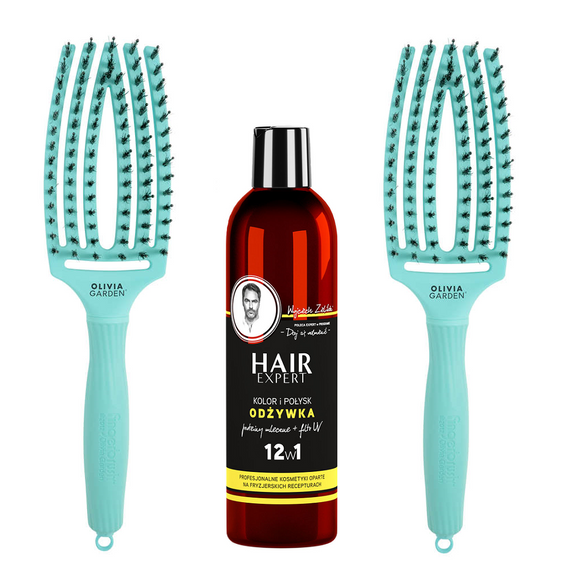 Zestaw 2 szczotek Olivia Garden FingerBrush Combo Medium Mint do rozczesywania włosów + odżywka Hair Expert 12w1 kolor i połysk 280 ml