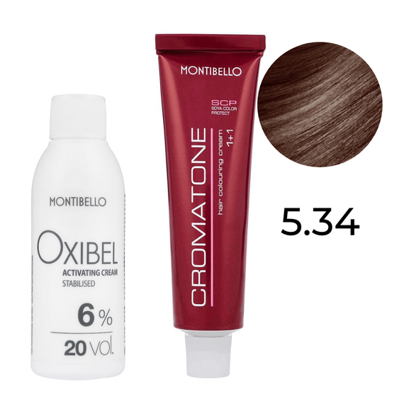 Zestaw Montibello Cromatone farba 5.34 miedziano-złoty jasny brąz 60 ml + woda Oxibel 20 VOL 6% 60 ml