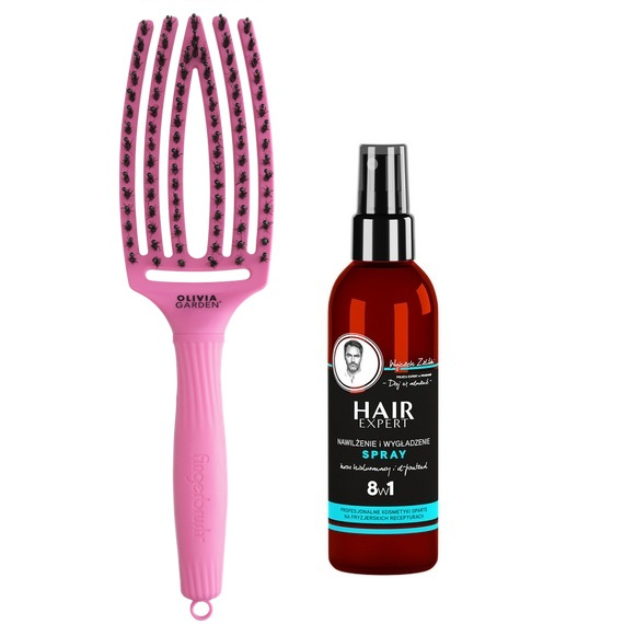 Szczotka Olivia Garden FingerBrush Medium Pink Granita + Spray  Hair Expert nawilżenie i wygładzenie 8w1 do włosów 140 ml
