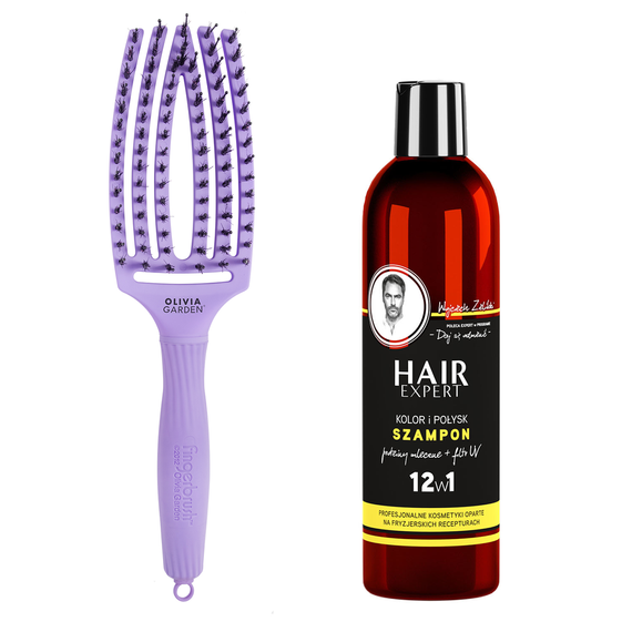 Szczotka Olivia Garden FingerBrush Combo Medium Lavender lawenda i szampon Hair Expert 12w1 kolor i połysk z proteinami mlecznymi 280 ml