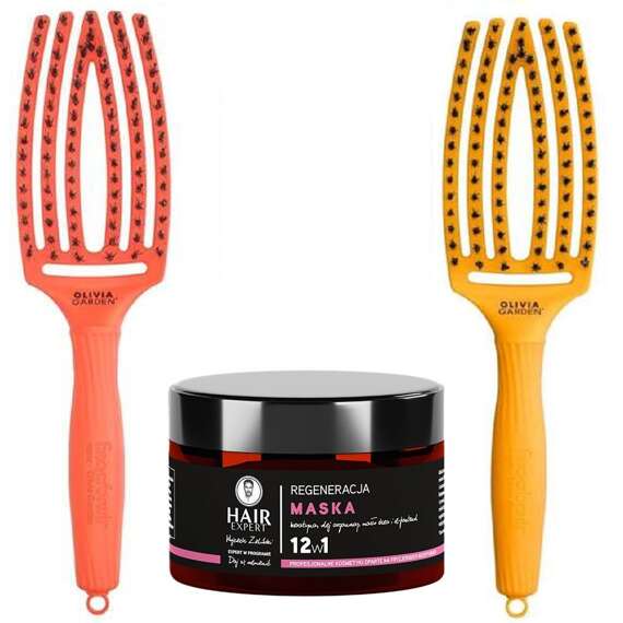 Zestaw 2 szczotek Olivia Garden FingerBrush Combo Medium Orange Dream, Yellow Sunshine do rozczesywania włosów + maska Hair Expert 12w1 regeneracja do włosów 230 ml