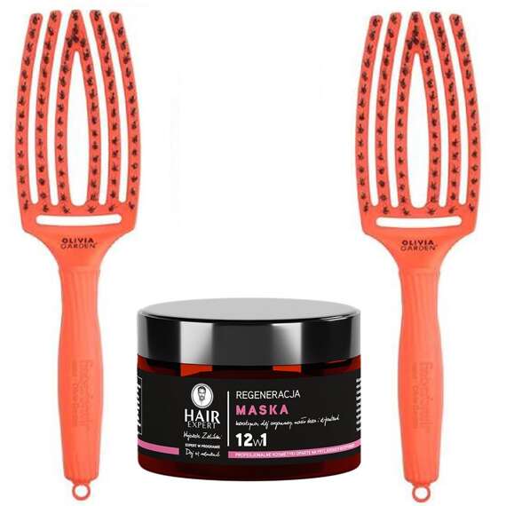 Zestaw 2 szczotek Olivia Garden FingerBrush Combo Medium Orange Dream do rozczesywania włosów + maska Hair Expert 12w1 regeneracja do włosów 230 ml