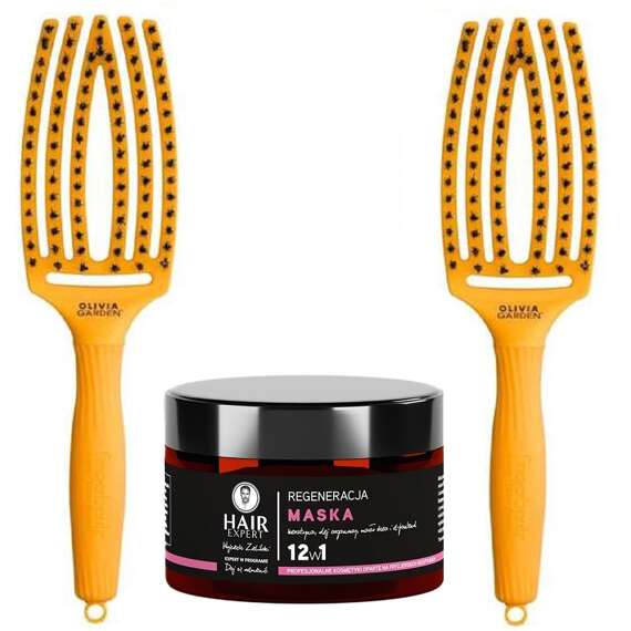 Zestaw 2 szczotek Olivia Garden FingerBrush Combo Medium Yellow Sunshine do rozczesywania włosów + maska Hair Expert 12w1 regeneracja do włosów 230 ml