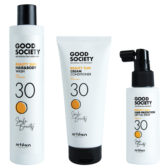 Zestaw Artego Good Society Beauty Sun 30 szampon micelarny 300 ml + odżywka dyscyplinująca 200 ml + olejek termoochronny 100 ml