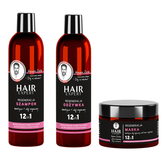 Zestaw Hair Expert 12 w 1 regeneracja szampon 280 ml + odżywka 280 ml + maska 230 ml z keratyną