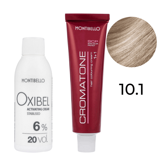 Zestaw Montibello Cromatone farba 10.1 Popielaty platynowy blond 60 ml + woda Oxibel 20 VOL 6% 60 ml