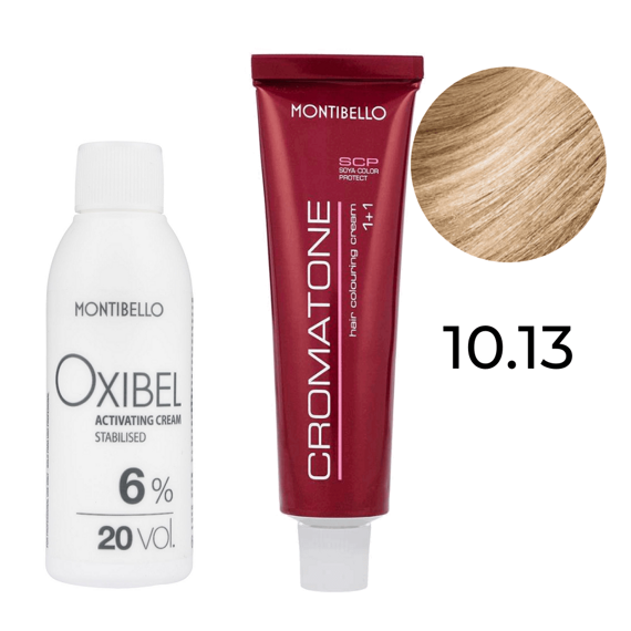 Zestaw Montibello Cromatone farba 10.13 złoto-popielaty platynowy blond 60 ml + woda Oxibel 20 VOL 6% 60 ml