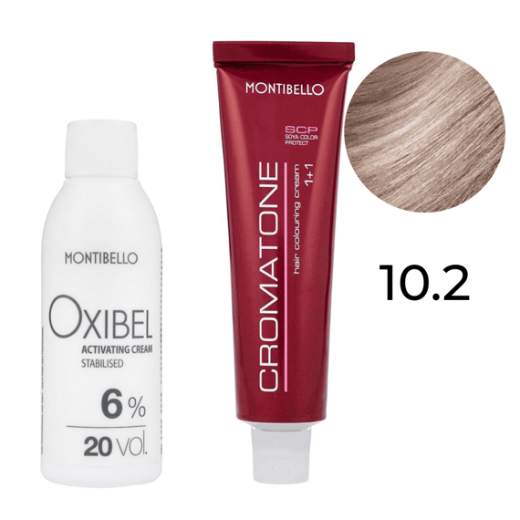 Zestaw Montibello Cromatone farba 10.2 perłowy platynowy blond 60 ml + woda Oxibel 20 VOL 6% 60 ml