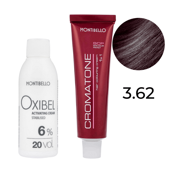 Zestaw Montibello Cromatone farba 3.62 perłowy kasztanowy ciemny brąz 60 ml + woda Oxibel 20 VOL 6% 60 ml