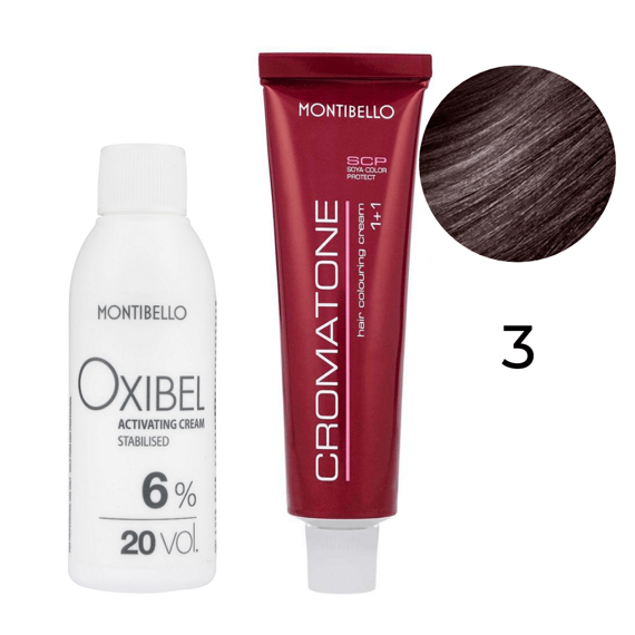 Zestaw Montibello Cromatone farba 3 ciemny brąz 60 ml + woda Oxibel 20 VOL 6% 60 ml