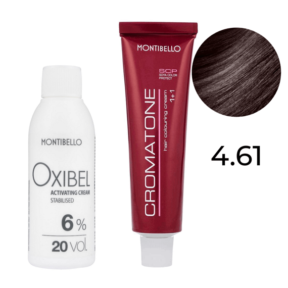 Zestaw Montibello Cromatone farba 4.61 popielato-kasztanowy brąz 60 ml + woda Oxibel 20 VOL 6% 60 ml