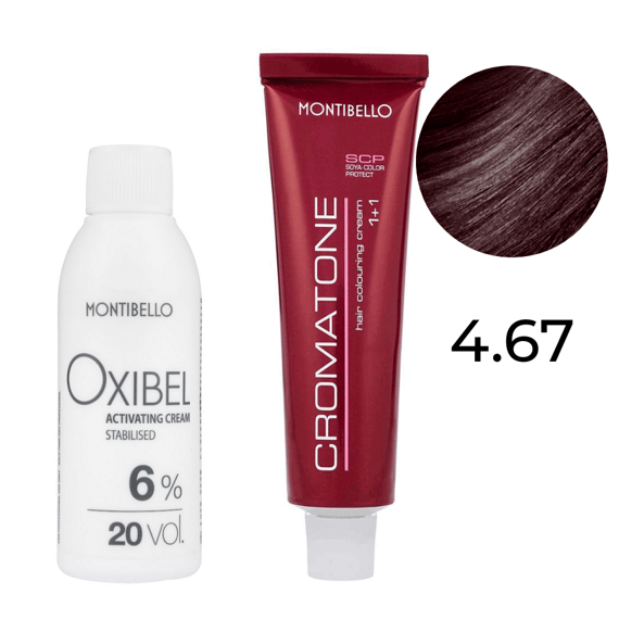 Zestaw Montibello Cromatone farba 4.67 czerwono-kasztanowy brąz 60 ml + woda Oxibel 20 VOL 6% 60 ml