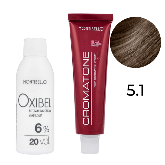 Zestaw Montibello Cromatone farba 5.1 popielaty jasny brąz 60 ml + woda Oxibel 20 VOL 6% 60 ml