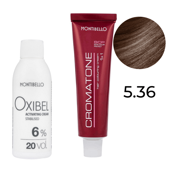 Zestaw Montibello Cromatone farba 5.36 kasztanowy złoty jasny brąz 60 ml + woda Oxibel 20 VOL 6% 60 ml