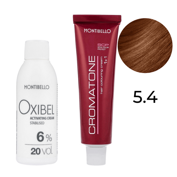 Zestaw Montibello Cromatone farba 5.4 miedziany jasny brąz 60 ml + woda Oxibel 20 VOL 6% 60 ml