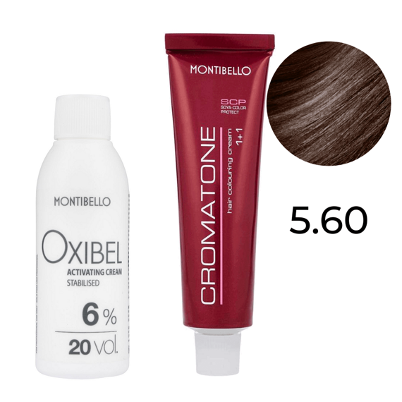 Zestaw Montibello Cromatone farba 5.60 naturalny kasztanowy jasny brąz 60 ml + woda Oxibel 20 VOL 6% 60 ml