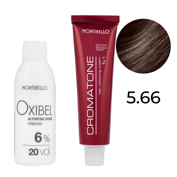 Zestaw Montibello Cromatone farba 5.66 intensywny kasztanowy jasny brąz 60 ml + woda Oxibel 20 VOL 6% 60 ml