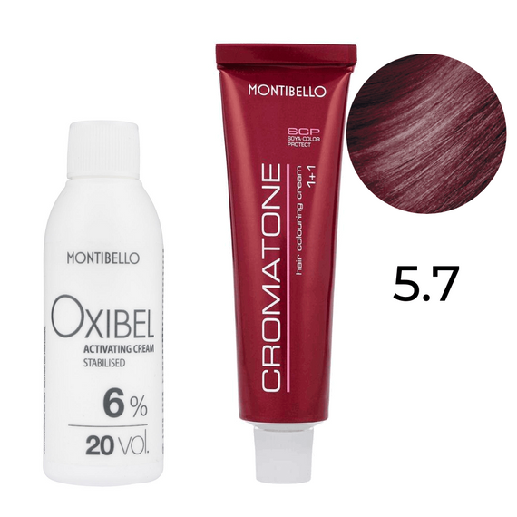 Zestaw Montibello Cromatone farba 5.7 czerwony jasny brąz 60 ml + woda Oxibel 20 VOL 6% 60 ml