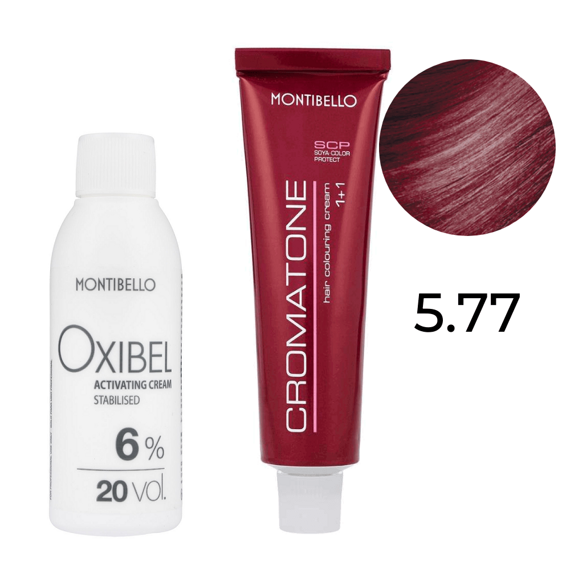 Zestaw Montibello Cromatone farba 5.77 intensywny czerwony jasny brąz 60 ml + woda Oxibel 20 VOL 6% 60 ml