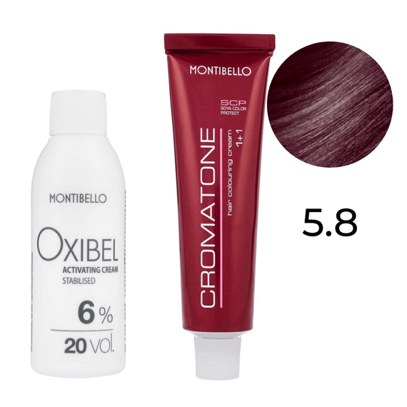 Zestaw Montibello Cromatone farba 5.8 purpurowy jasny brąz 60 ml + woda Oxibel 20 VOL 6% 60 ml