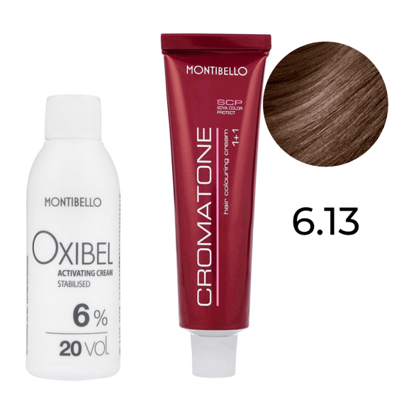 Zestaw Montibello Cromatone farba 6.13 złoto-popielaty ciemny blond 60 ml + woda Oxibel 20 VOL 6% 60 ml