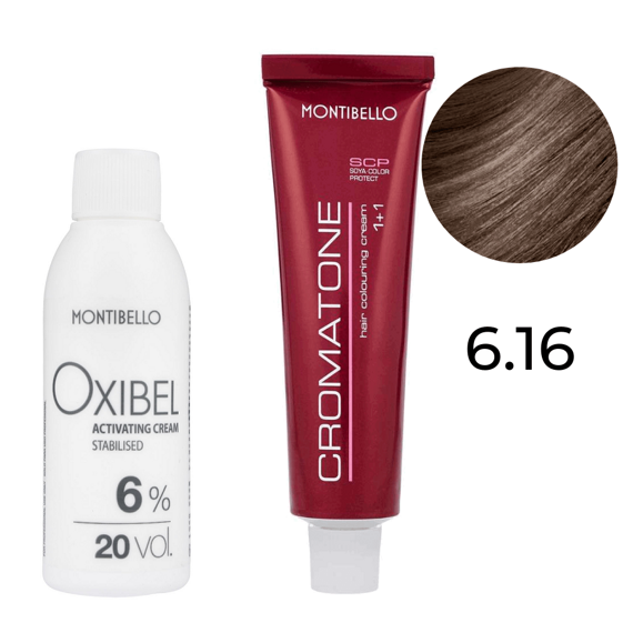 Zestaw Montibello Cromatone farba 6.16 kasztanowy popielaty ciemny blond 60 ml + woda Oxibel 20 VOL 6% 60 ml