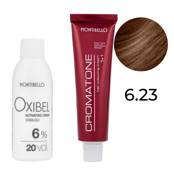 Zestaw Montibello Cromatone farba 6.23 złoto-popielaty ciemny blond 60 ml + woda Oxibel 20 VOL 6% 60 ml