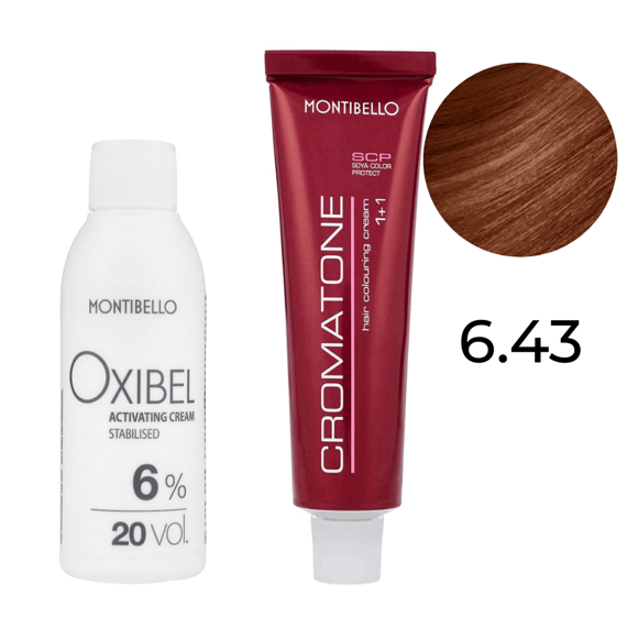 Zestaw Montibello Cromatone farba 6.43 złoto-miedziany ciemny blond 60 ml + woda Oxibel 20 VOL 6% 60 ml